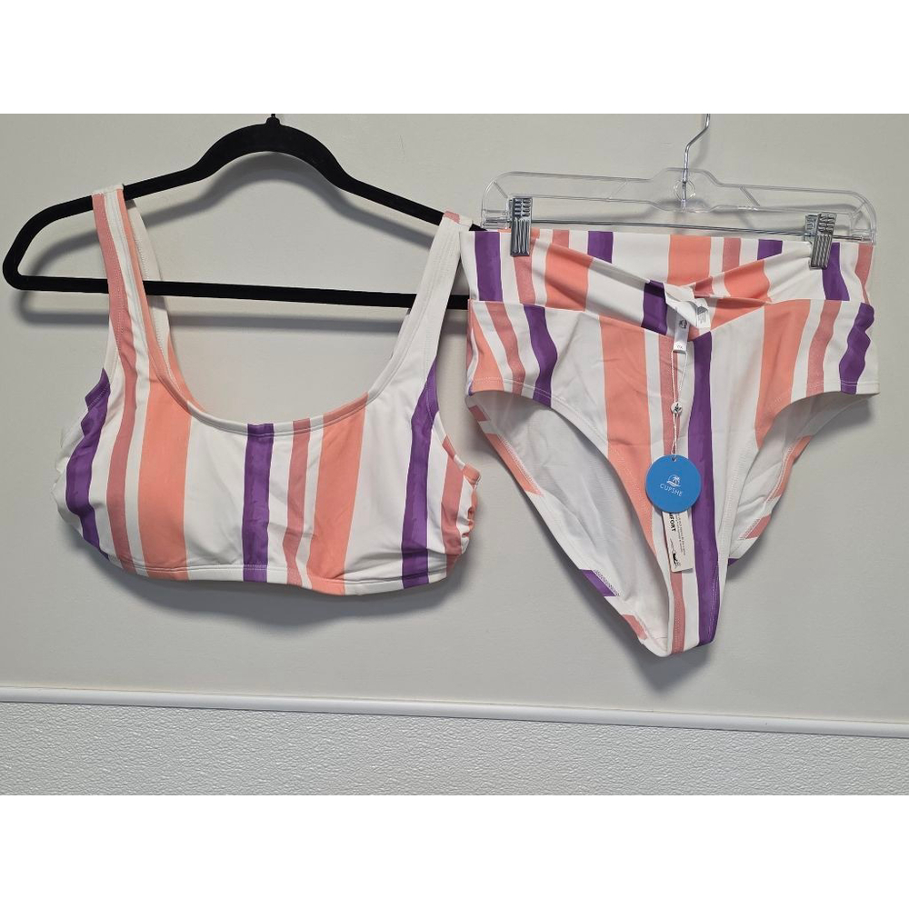 Women's Cupshe White Peach Purple Striped High Waist Bikini Set 0X‎